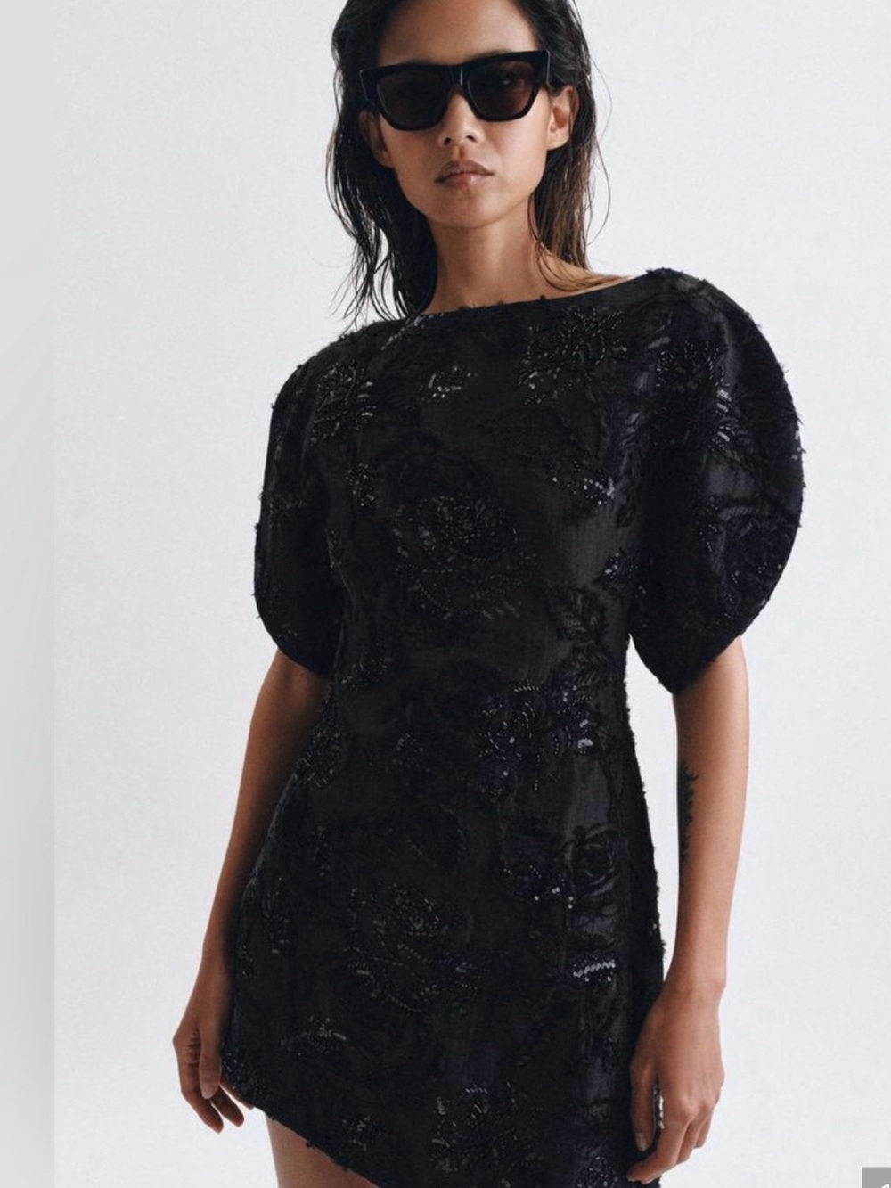 Zara ZW COLLECTION appliqué  Beaded BLACK Puff-Sleeve Mini Dress sz XS